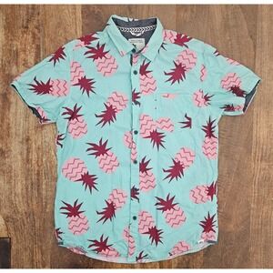 Free Planet Pineapple Print Button Up Shirt Men's M Green Blue 100% Cotton